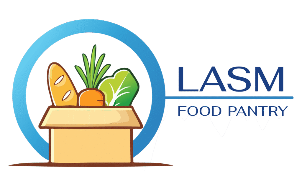 LASM Food Pantry box with bread, vegetables, and greens in a blue circular outline.