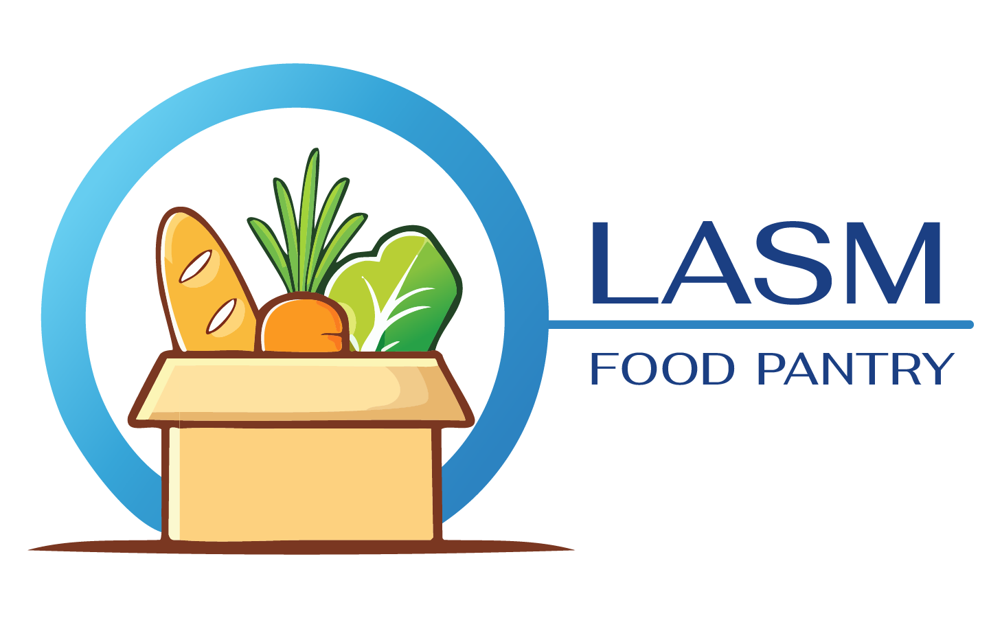 LASM Food Pantry box with bread, vegetables, and greens in a blue circular outline.