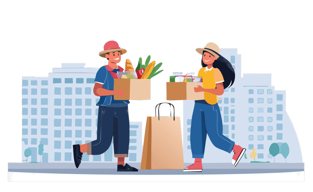 Illustration of two individuals carrying grocery boxes while walking through a bustling city street