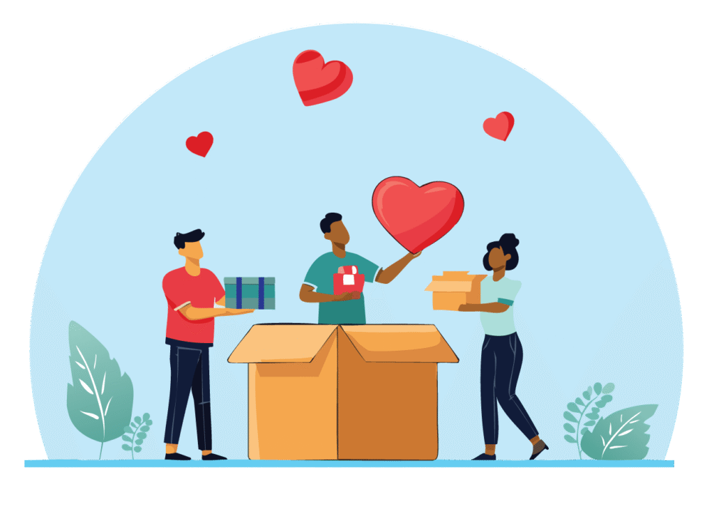 Illustration of a group of 3 people joyfully giving gifts to one another, featuring a heart held over a box that represents affection.