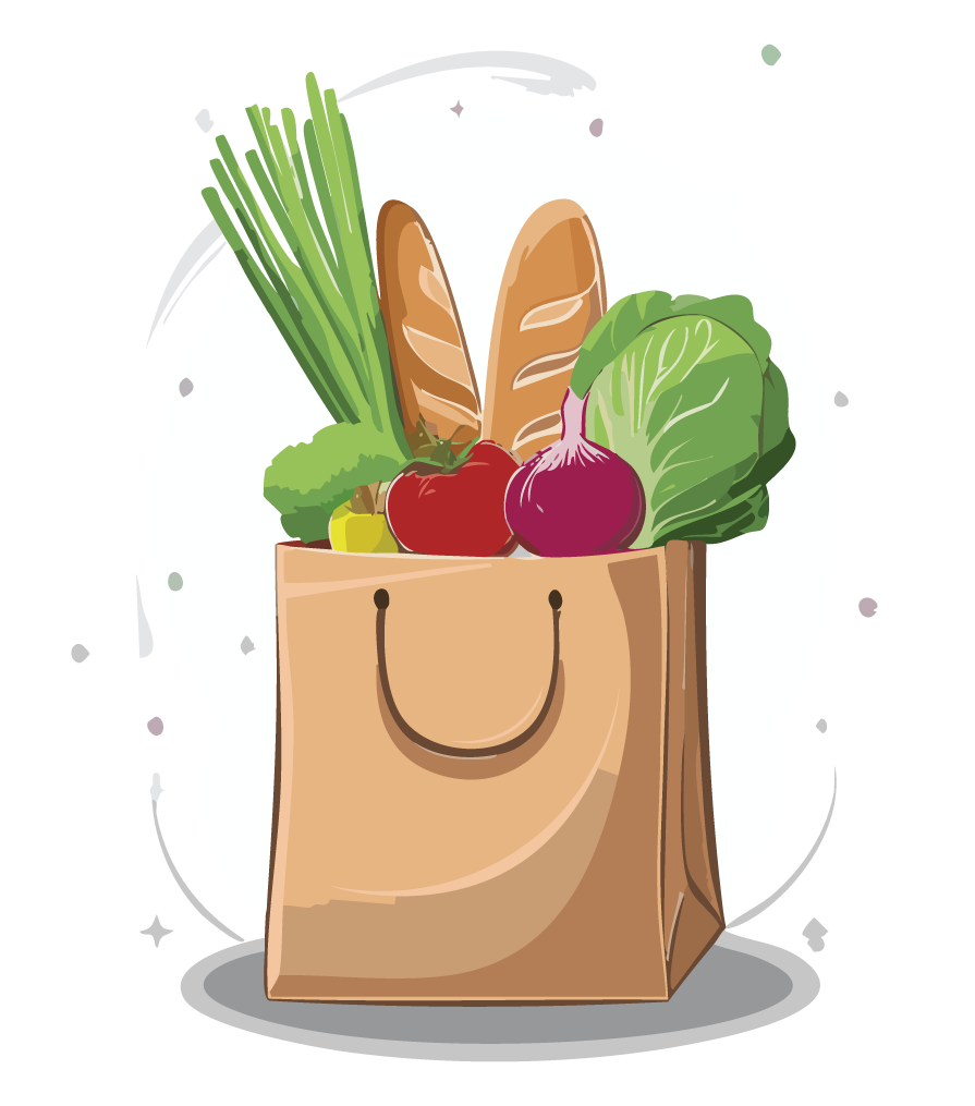 Illustration of a paper bag filled with fresh vegetables and a loaf of bread, showcasing a healthy grocery selection.