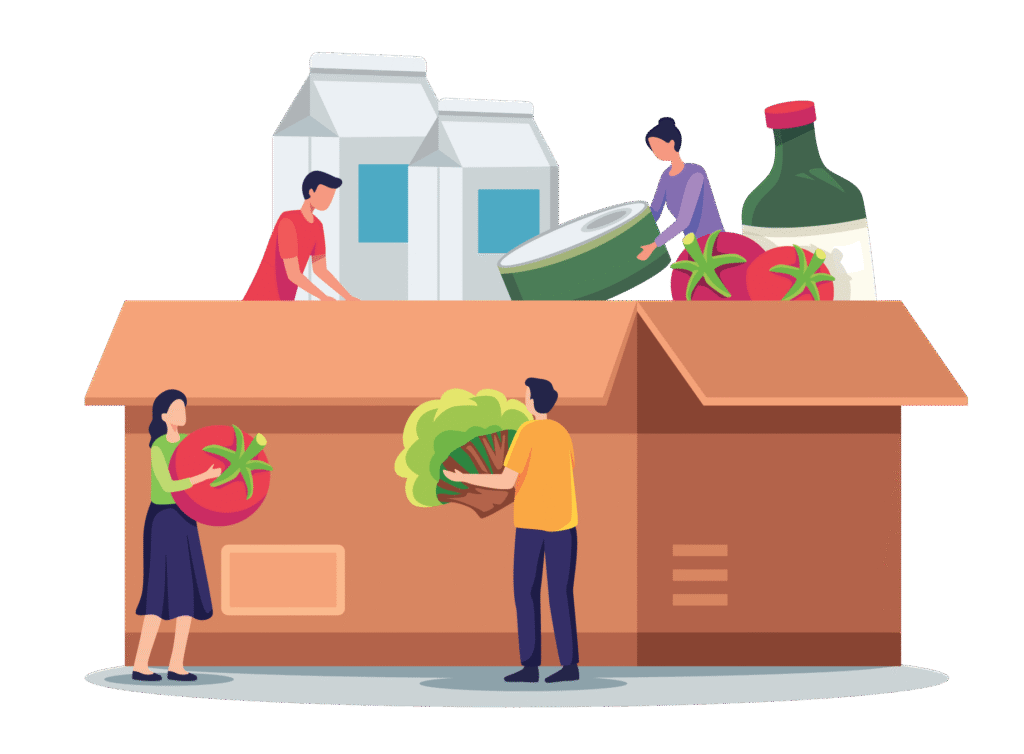 Illustration of people placing oversized food items into a cardboard box for packing or transportation
