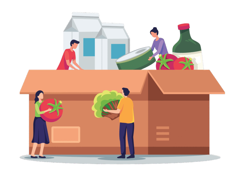 Illustration of people placing oversized food items into a cardboard box for packing or transportation