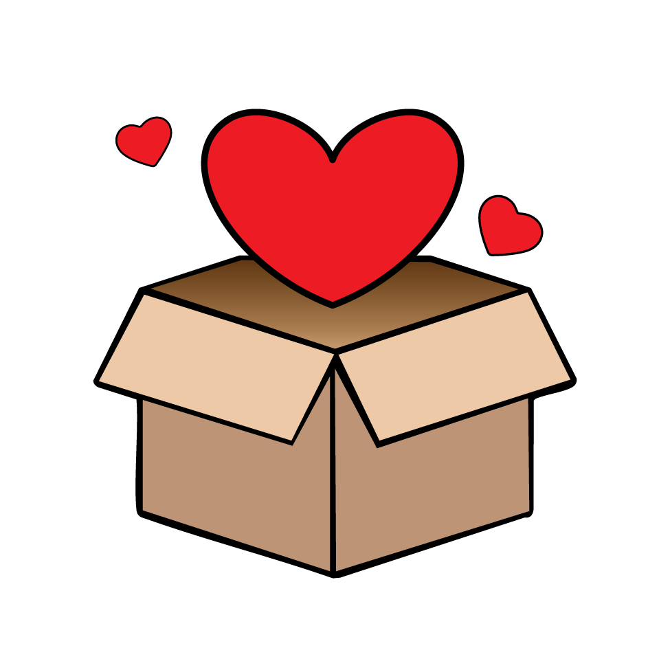 Illustration of a heart floating above a brown box, representing a gift of love.