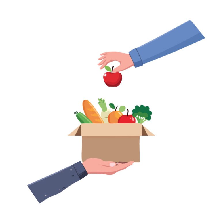 One hand holds a box from the bottom filled with an assortment of fresh fruits and vegetables, another hand reaches from the top pulling out an apple.