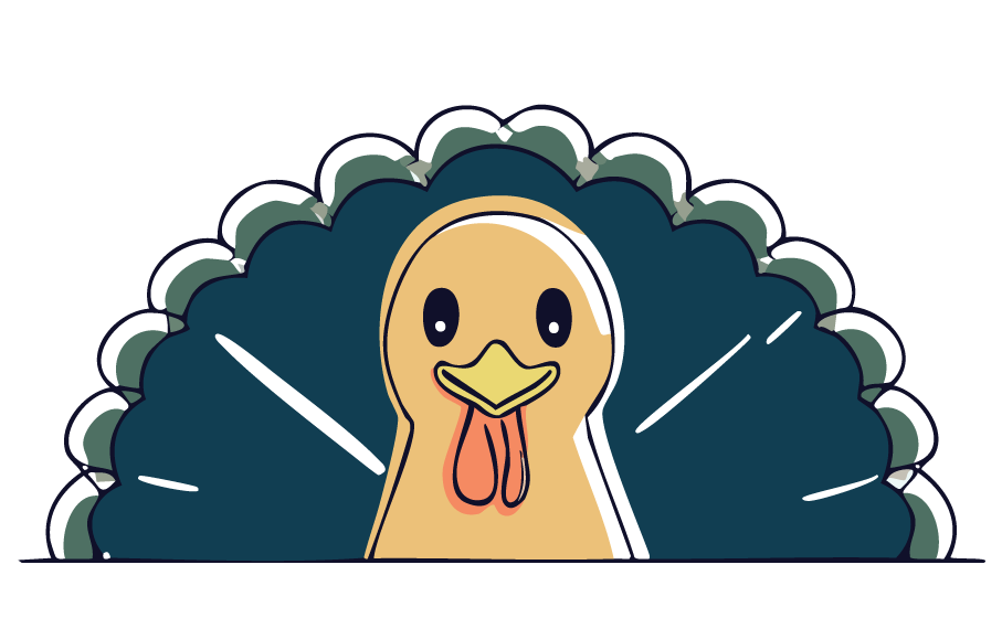 Illustration of a cartoon turkey with a large beak, featuring vibrant colors and a cheerful expression.