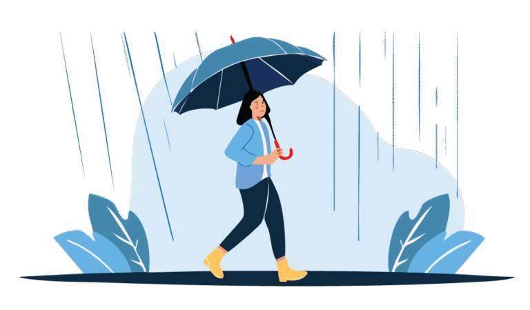 Illlustration of a woman walking with an umbrella in the rain, wearing a raincoat and boots, surrounded by puddles on the sidewalk. Image used to announce inclement weather at the LASM business site.
