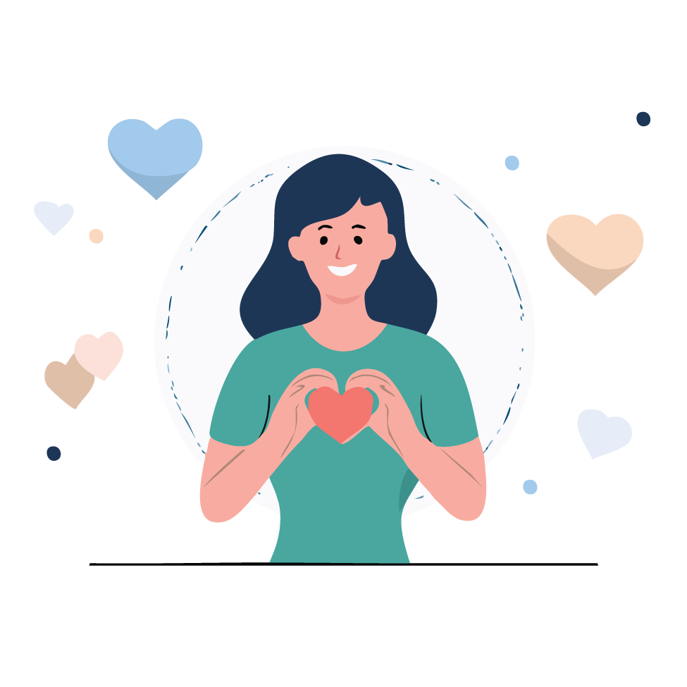 Illustration of a woman gently cradling a red heart in her hands, symbolizing love and care.