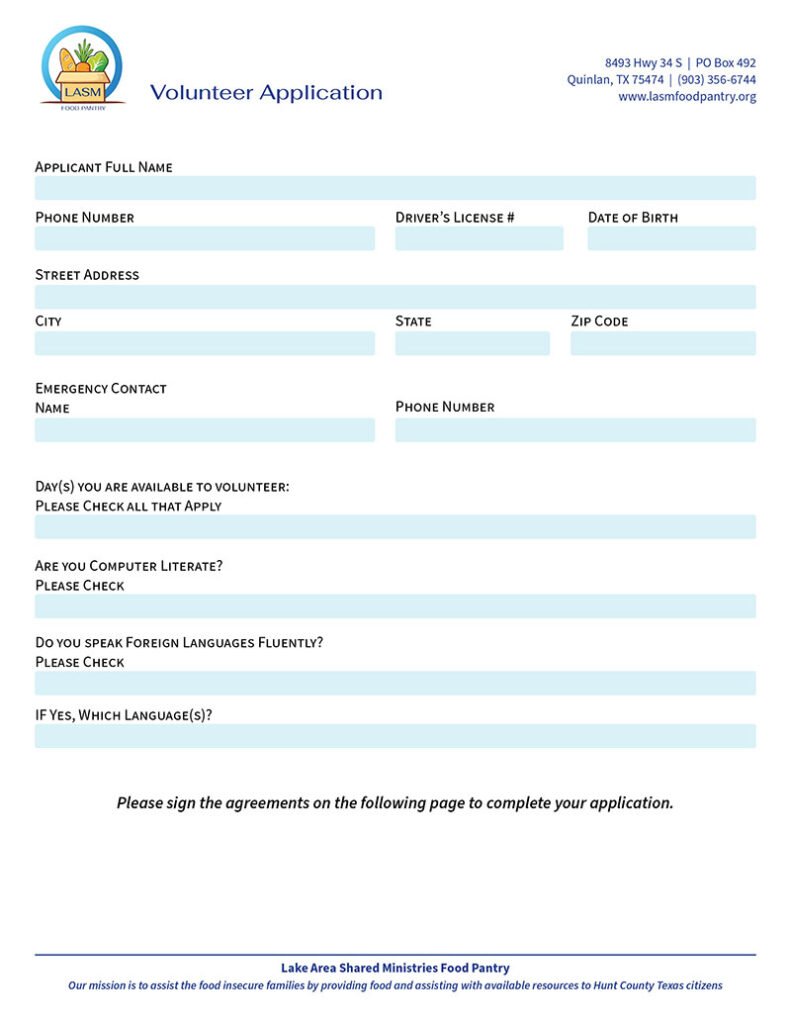 Image of first page of LASM Volunteer form with the volunteer agreement with boxes for all relevant information such as name, address and contact, as well as, questions about availability to volunteer.