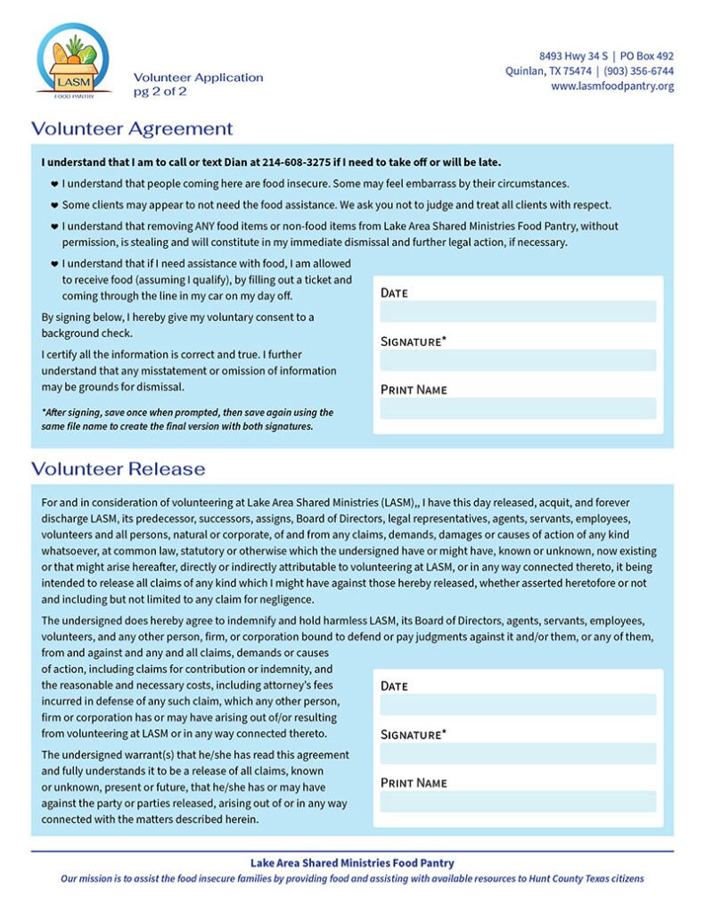 Image of second page of LASM Volunteer form with the volunteer agreement and the volunteer release statement, each area has a box for applicant's signature, printed name and date.
