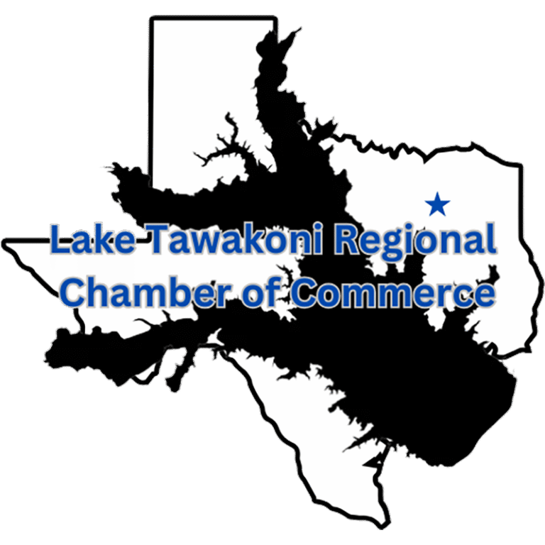 Lake Takakon Regional Chamber of Commerce logo featuring a stylized regional area over a Texas State outline, representing local business support.