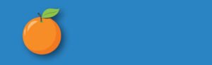 blue background with an orange fruit on the left side