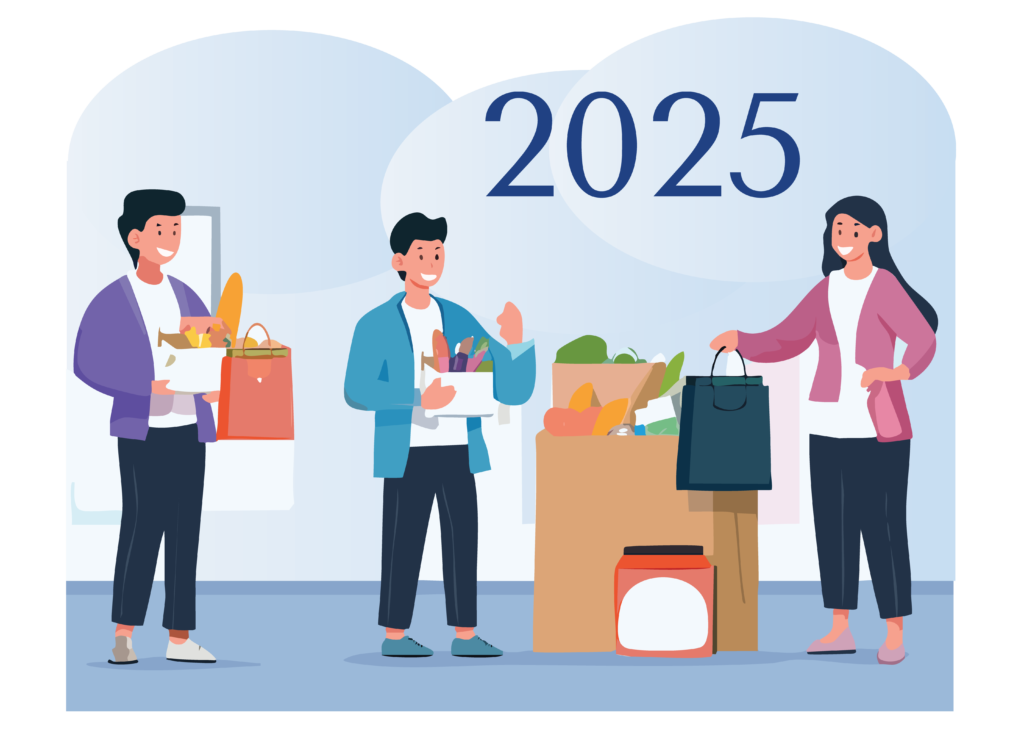 Illustration of 3 people holding bags of food with 2025 in the background
