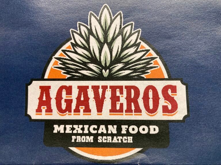 Logo for Agaveros Mexican food, and orange circle with stylized plant leaves coming from the top, letters are large capitals in red serif font with the words Mexican Food from Scratch below